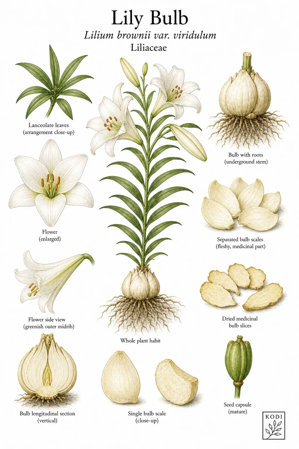 Botanical plate of a lily plant, flower, and bulb by Kodi