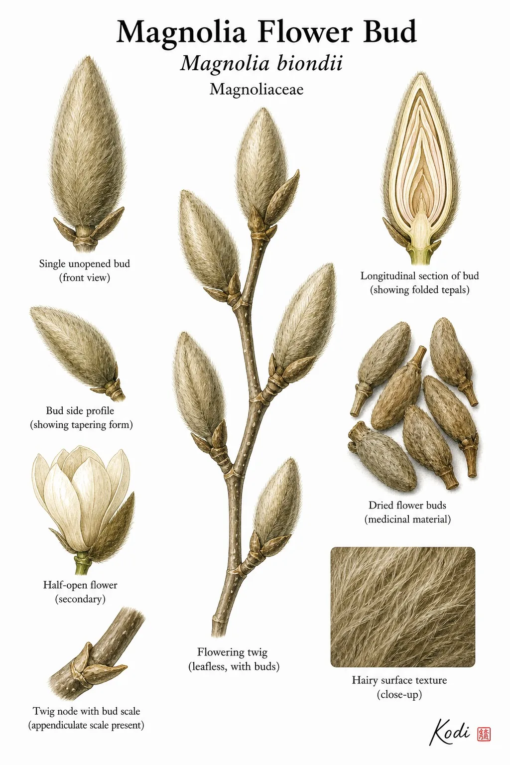 Botanical plate of magnolia buds and a flowering twig by Kodi