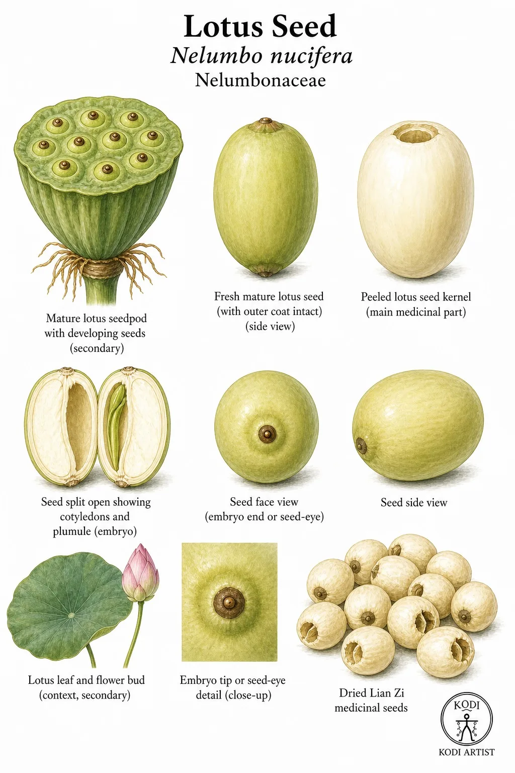 Botanical plate of lotus seedpods and seeds by Kodi
