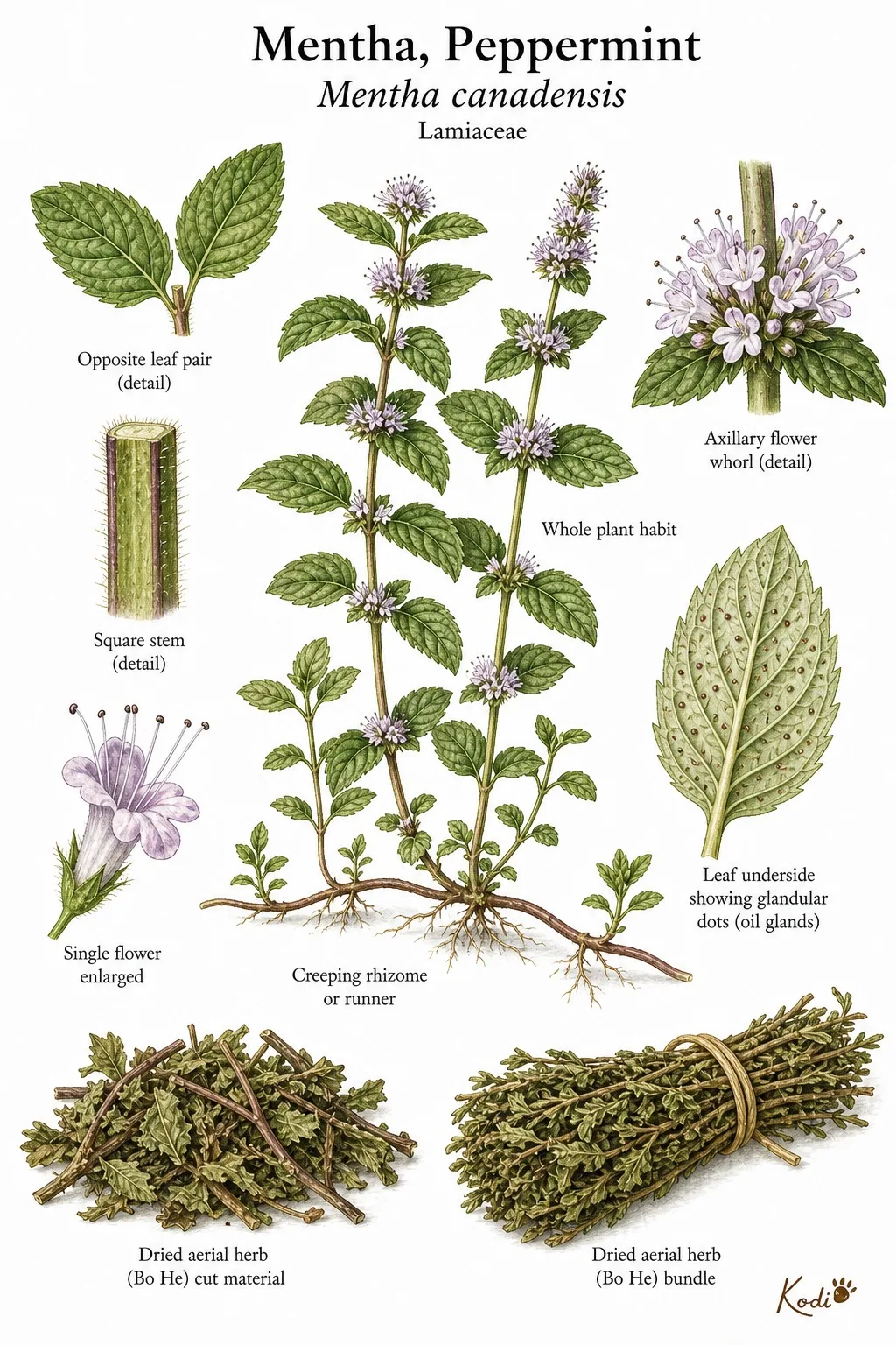 Botanical plate of peppermint stems and flowers by Kodi